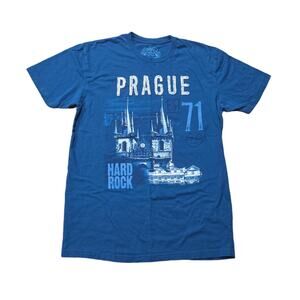 Rock The World Hard Rock Prague Czech Republic Souvenir Blue Short Sleeve Shirt